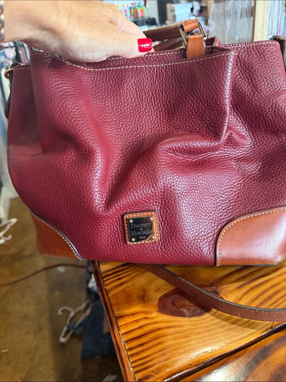Dooney & Bourke Wine Leather Shoulder Bag with Tan Trim